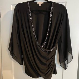 Black dress top with sheer sleeves & jewel detail. Worn once, perfect condition!